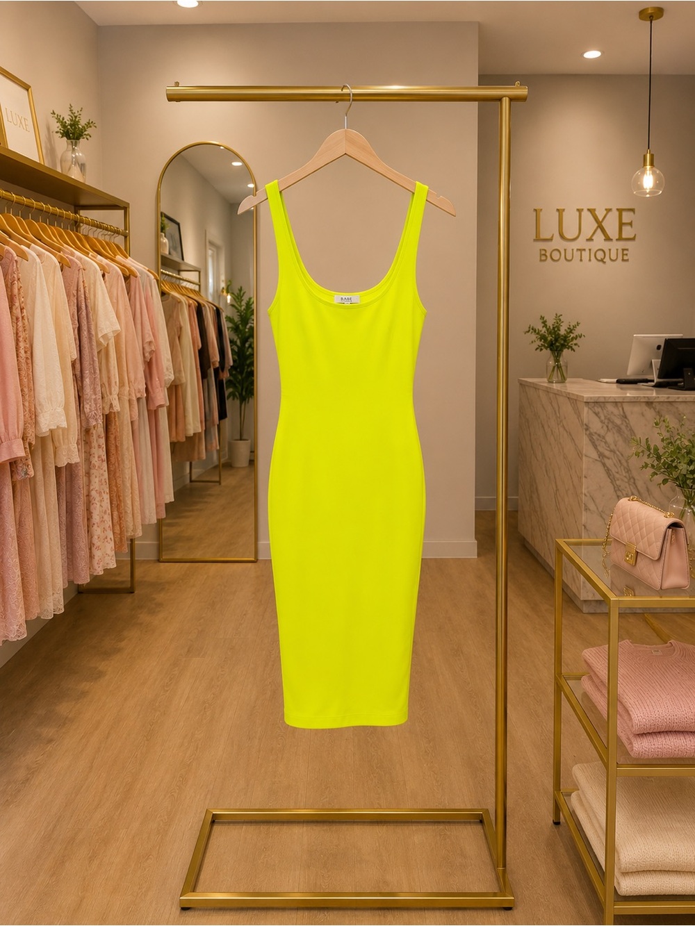 NWOT Zara Neon Yellow Square-Neck Bodycon Midi Dress - Picture 2 of 6